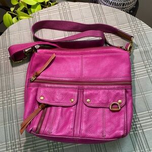 Fossil Magenta Genuine Leather Large Crossbody Bag